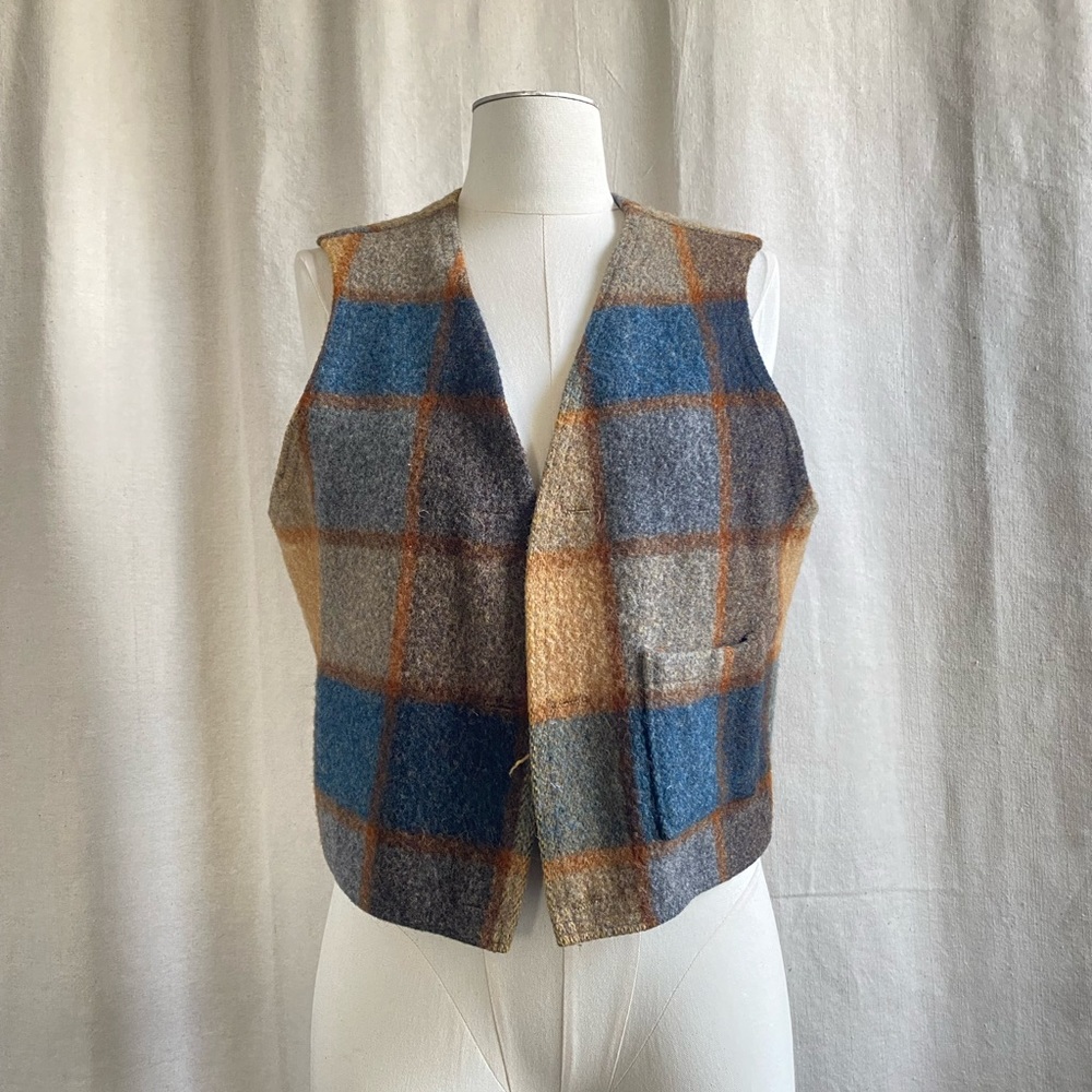 Vintage plaid wool vest brown tan blue grey size 42